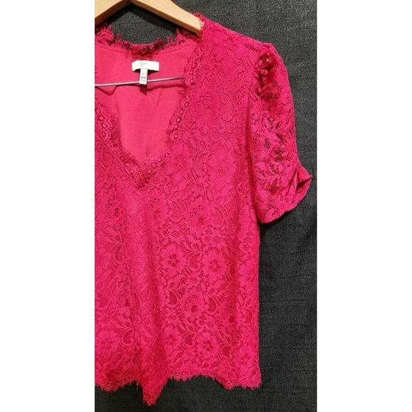 Joie Red Pink Lace Short Sleeve Blouse V-Neck Elegant‎ Flowy Date Occasion EUC - Picture 3 of 8